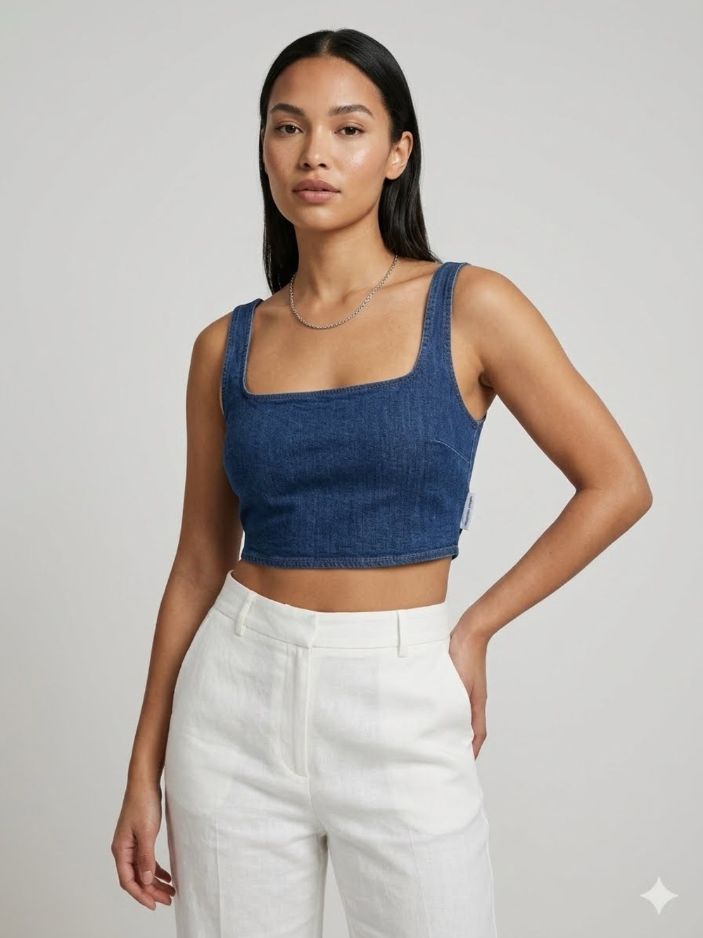 naked wardrobe Denim Square-Neck Cropped Tank in Blue